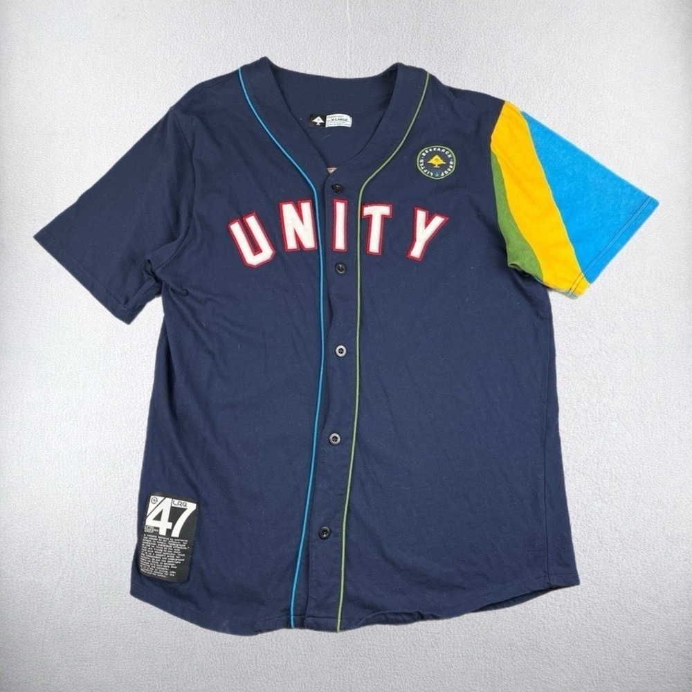 LRG Unity Baseball Jersey Mens XL Navy Blue Multi Color Short Sleeve Button Up